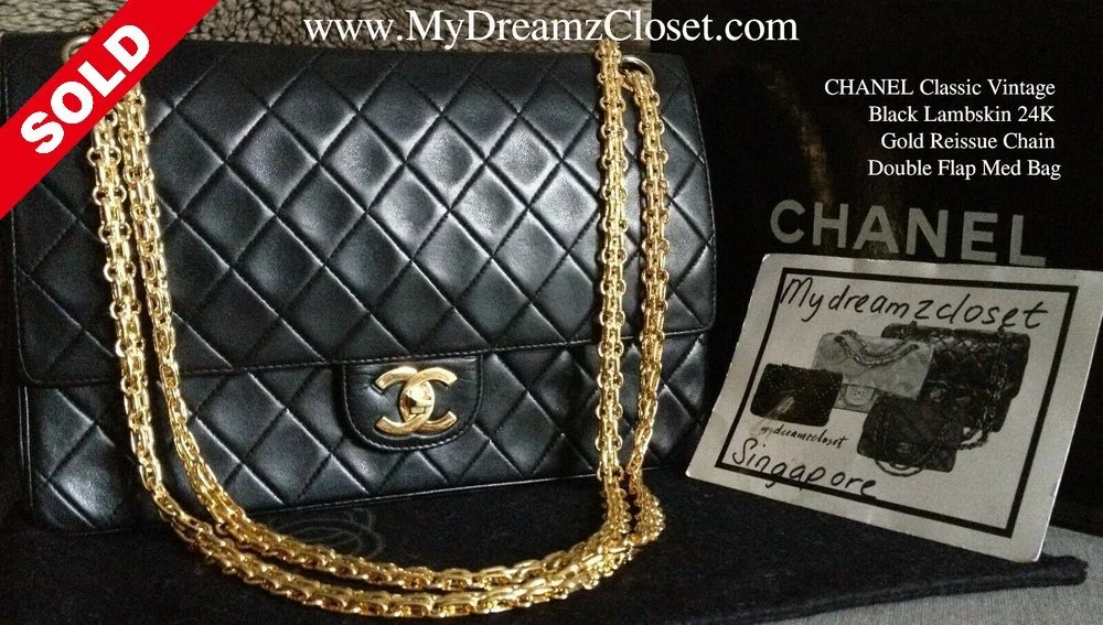 CHANEL Classic Vintage Black Lambskin 24K Gold Reissue Chain Double Flap Med Bag My Dreamz Closet